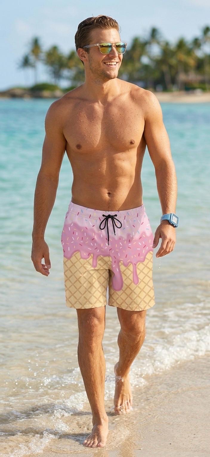 Couples Ice Cream Cone Swimwear Set, Pink Bikini, Men's Beach Shorts